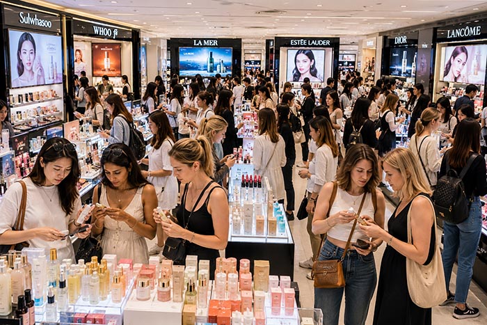 Foreigners shopping for cosmetics at Olive Young.