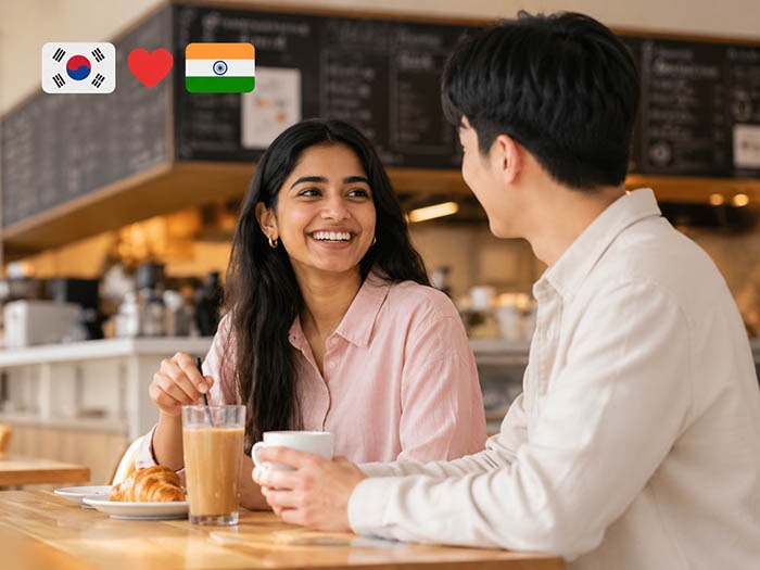 happy indian woman and korean man drinking coffee at seoul cafe